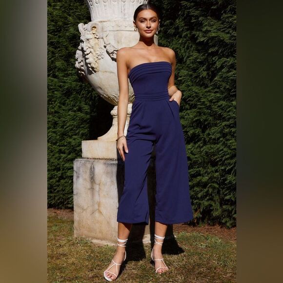 SAINTS & SECRETS Chosen Strapless Wide Leg Jumpsuit Navy Night out Party SMALL - Picture 1 of 11
